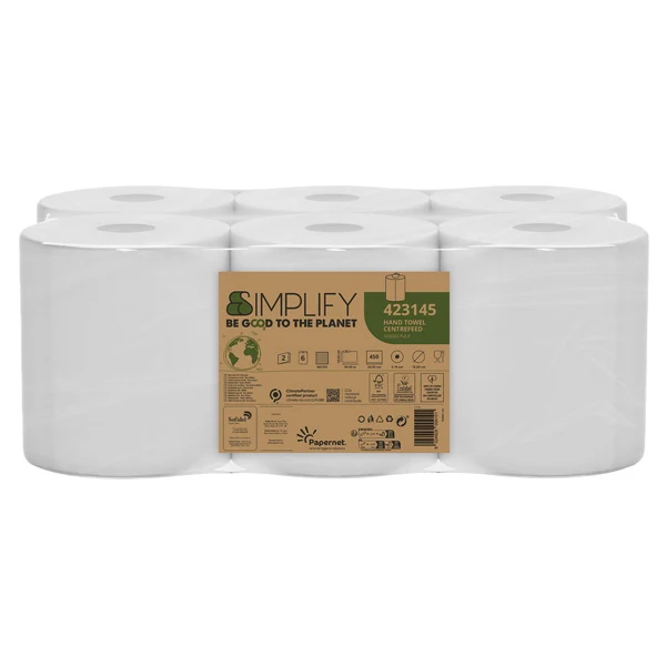 PAPERNET - 423145 - Asciugamani in rotolo Centrefeed Simplify - 196 mm x 90 mt - diametro 18,5 cm - 2 veli - 17,5 gr - 450 strappi - goffratura micro - bianco - Papernet - 103770 - Conf. da 6 Pz.
