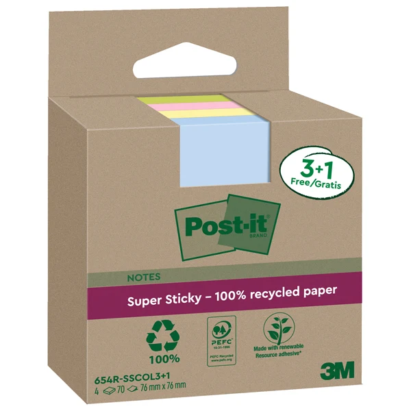 POST-IT - 7100285103 - Blocco foglietti Post-it SuperSticky Green - 654R-SSCOL3+1 - 76 x 76 mm - carta riciclata - colori pastello assortiti - 70 fogli - Post-it - conf. 4 blocchi - 101862 - Conf. da 1 Pz.