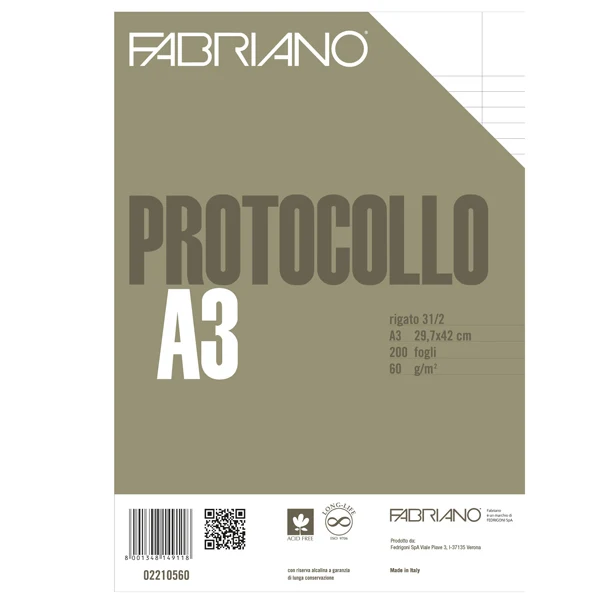 FABRIANO - 19100744 - Foglio protocollo - A4 - 1 rigo c-margine - 60 gr - Fabriano - conf. 200 pezzi - 58725 - Conf. da 1 Pz.