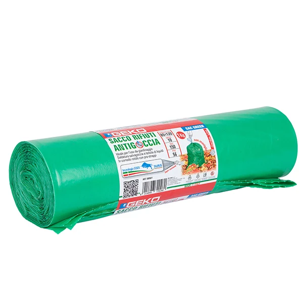 Geko - 8500900001 - Sacchi per rifiuti da giardino - 80 x 120 cm - 150 L - 56 micron - LDPE - verde - Geko - rotolo da 10 sacchetti - 105877 - Conf. da 1 Pz.