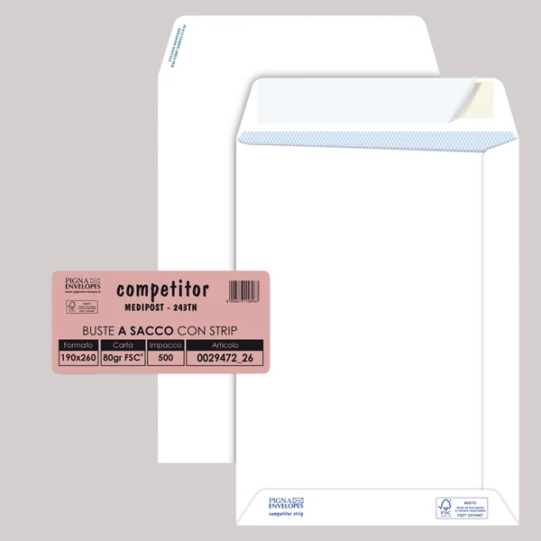 Pigna Envelopes - 002947226 - Busta a sacco Competitor FSC - strip adesivo - 19 x 26 cm - 80 gr - bianco - Pigna Envelopes - conf. 500 pezzi - 32082 - Conf. da 1 Pz.