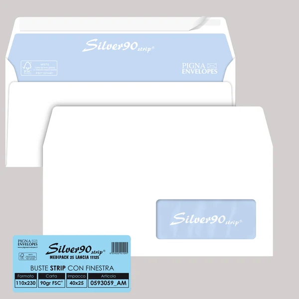 Pigna Envelopes - 0593059AM - Busta SILVER90 STRIP FSC - bianca - internografata - con finestra - 110 x 230 mm - 90 gr - Pigna Envelopes - conf. 25 pezzi - 32075 - Conf. da 1 Pz.