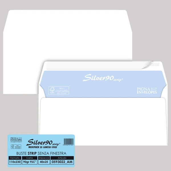 Pigna Envelopes - 0593022AM - Busta SILVER90 STRIP FSC - bianca - internografata - senza finestra - 110 x 230 mm - 90 gr - Pigna Envelopes - conf. 25 pezzi - 32073 - Conf. da 1 Pz.