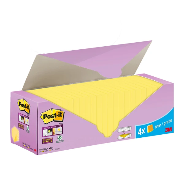 POST-IT - 7100236613 - Blocco foglietti Post-it Super Sticky - 654-SSCY-VP24 - 76 x 76 mm - giallo Canary - 90 fogli - Post-it - conf. 24 blocchi - 101853 - Conf. da 1 Pz.