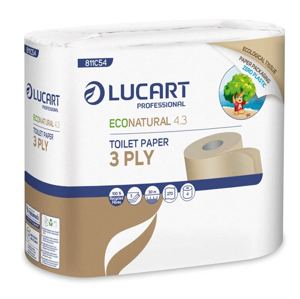 Lucart - 811C54J - Carta igienica EcoNatural 4.3 Plastic Free - 270 strappi - Lucart - pacco 4 rotoli - 91431 - Conf. da 1 Pz.