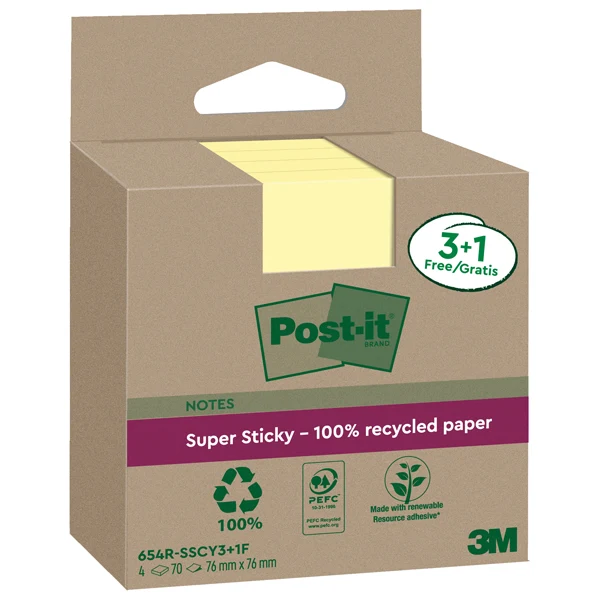 POST-IT - 7100285105 - Blocco foglietti Post-it SuperSticky Green - 654R-SSCY3+1 - 76 x 76 mm - carta riciclata - giallo Canary - 70 fogli - Post-it - conf. 4 blocchi - 101861 - Conf. da 1 Pz.