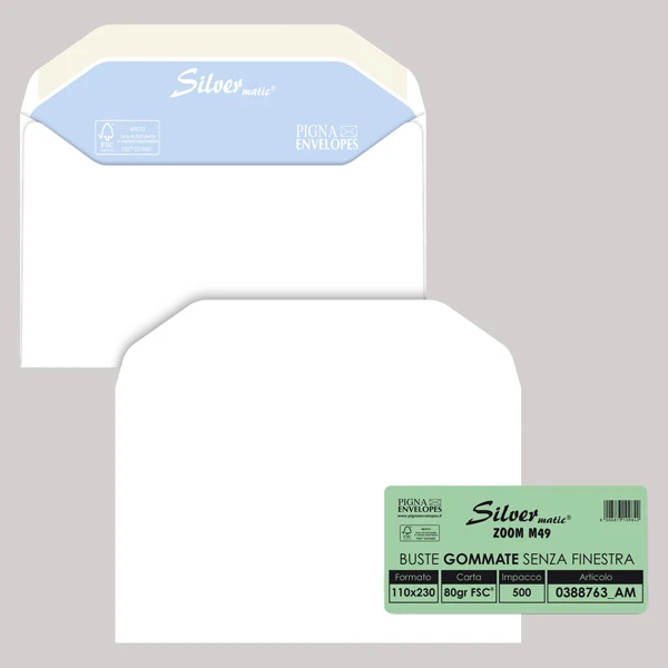 Pigna Envelopes - 0388763AM - Busta Silver Matic FSC - senza finestra - gommata - 11 x 23 cm - 80 gr - bianco - Pigna Envelopes - conf. 500 pezzi - 90089 - Conf. da 1 Pz.