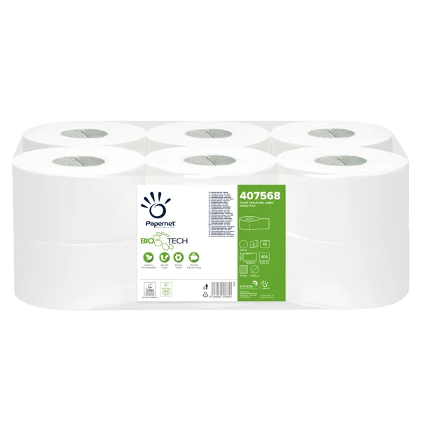 PAPERNET - 407568 - Carta igienica Mini Jumbo Bio Tech - microgoffrata - 2 veli - 16,5 gr - diametro 19,5 cm - 9,5 cm x 150 mt - Papernet - 67490 - Conf. da 12 Pz.