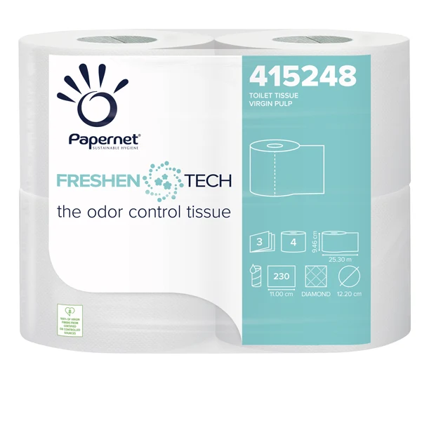 PAPERNET - 415248 - Carta igienica classica Freshen Tech - 3 veli - 230 strappi - diametro 12,2 cm -15,5 gr - 9,5 cm x 25,3 mt - Papernet - pacco 4 rotoli - 86230 - Conf. da 1 Pz.