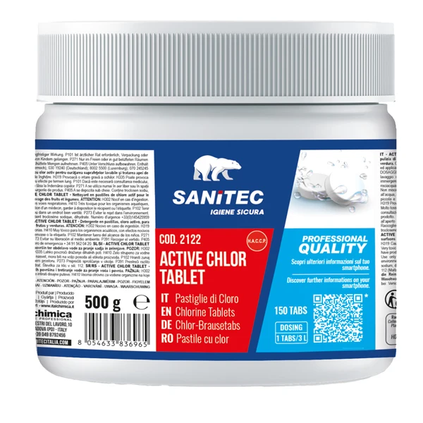 Sanitec - 2122 - Pastiglie cloro Active Chlor - 500 gr - Sanitec - conf. 150 pezzi - 87646 - Conf. da 1 Pz.