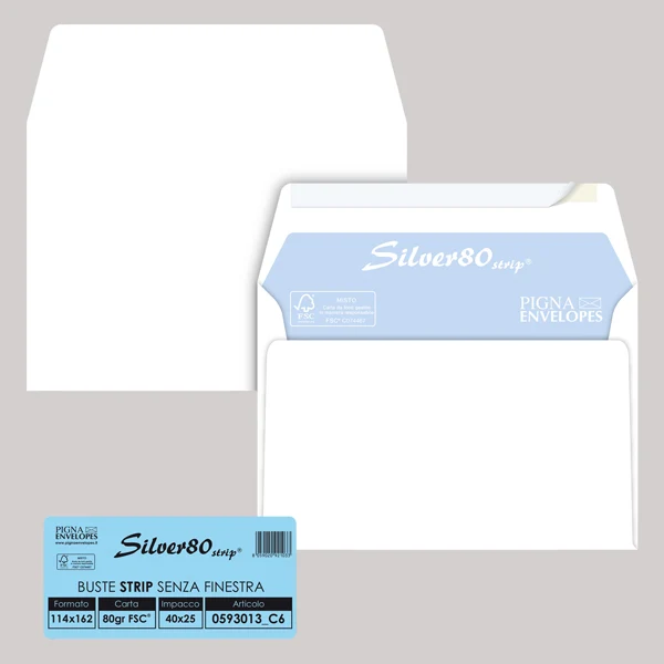 Pigna Envelopes - 0593013C6 - Busta Silver80 Strip FSC - internografata - senza finestra - 11,4 x 16,2 cm - 80 gr - bianco - Pigna Envelopes - conf. 25 pezzi - 54932 - Conf. da 1 Pz.