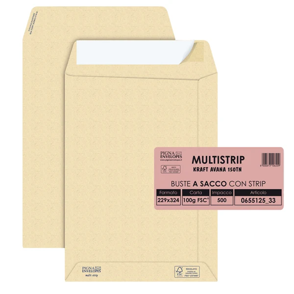 Pigna Envelopes - 065512533 - Busta a sacco Multi Strip - strip adesivo - 23 x 33 cm - 100 gr - carta riciclata FSC - avana - Pigna Envelopes - conf. 500 pezzi - 36987 - Conf. da 1 Pz.