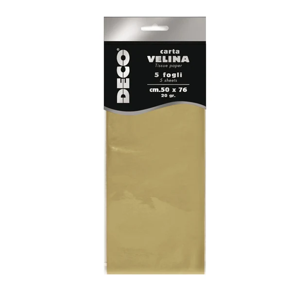 DECO - 12455-1 - Carta velina - 50 x 76 cm - 20 gr - oro metal - Deco - busta 5 fogli - 91222 - Conf. da 1 Pz.