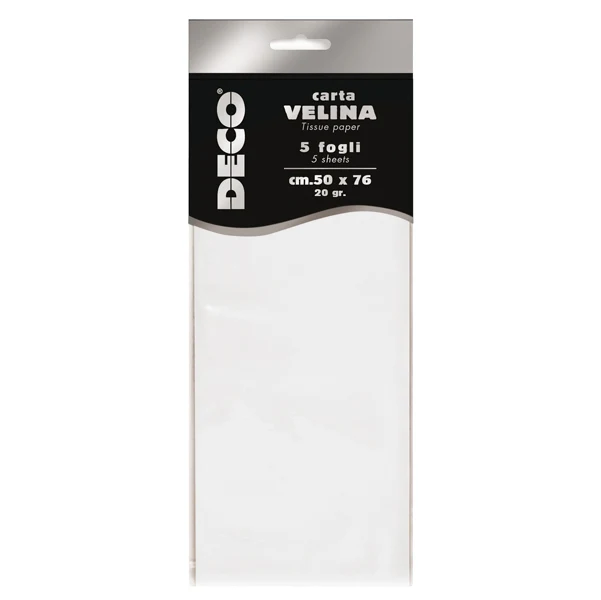 DECO - 12295-01 - Carta velina - 50 x 76 cm - 20 gr - bianco perlescente - Deco - busta 5 fogli - 89124 - Conf. da 1 Pz.