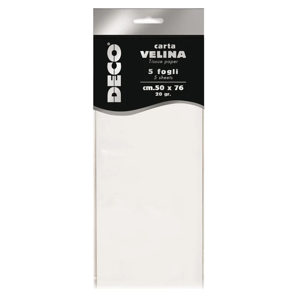 DECO - 12283-01 - Carta velina - 50 x 76 cm - 20 gr - bianco - Deco - busta 5 fogli - 89114 - Conf. da 1 Pz.
