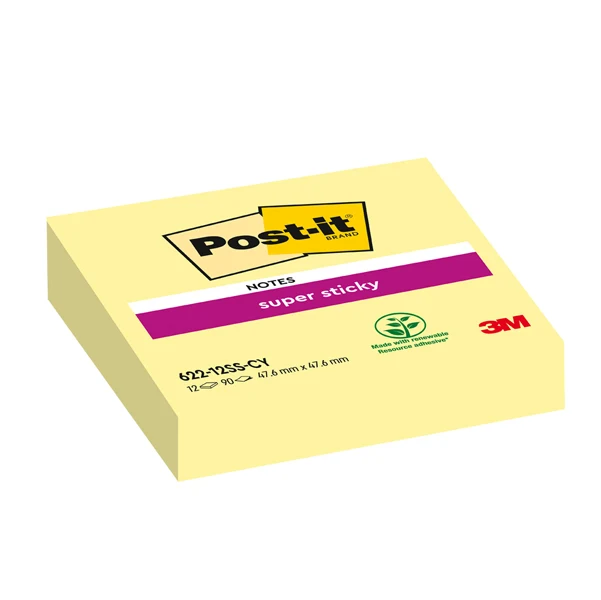 POST-IT - 7100290190 - Blocco foglietti Super Sticky - 622-12SS-CY - 47,6 x 47,6 mm - giallo Canary - 90 fogli - Post-it - 71247 - Conf. da 12 Pz.
