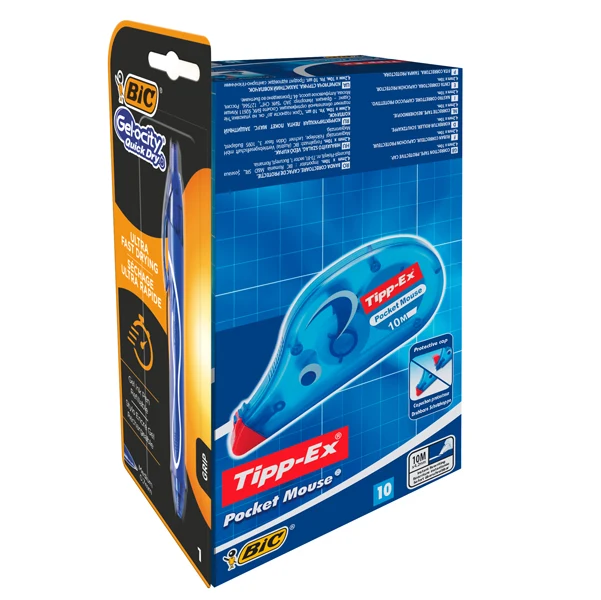 TIPP-EX - 989680 - Correttore a nastro Pocket Mouse Tipp-Ex + penna Gelocity QuickDry Bic - promo box 10 + 1 pezzi - 89229 - Conf. da 1 Pz.