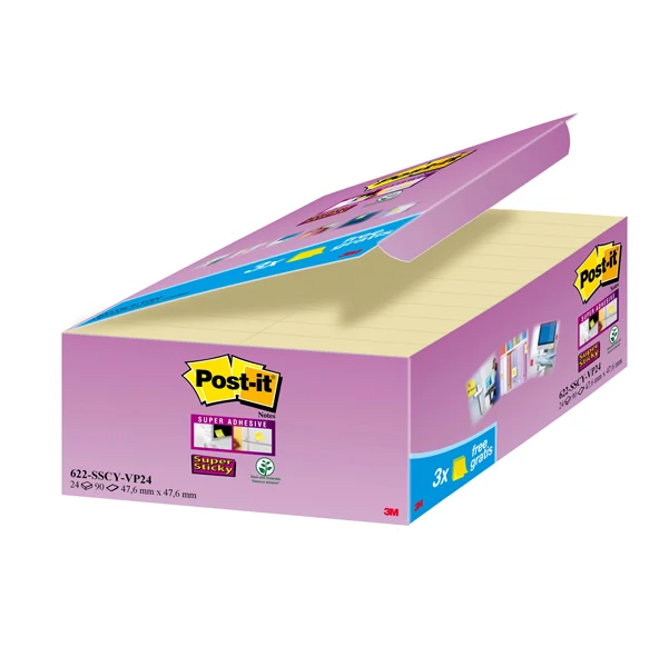 POST-IT - 7100234510 - Blocco foglietti Post-it Super Sticky - 622-SSCY-VP24-EU - 47,6 x 47,6 mm - giallo Canary - 90 fogli - Post-it - conf. 24 blocchi - 74002 - Conf. da 1 Pz.