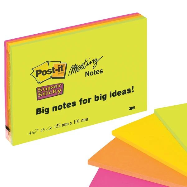 POST-IT - 7100235019 - Blocco foglietti Post-it Super Sticky Meeting Notes - 6445-SSP - 152 x 101 mm - rosa-verde neon - 45 fogli - Post-it - 53557 - Conf. da 4 Pz.