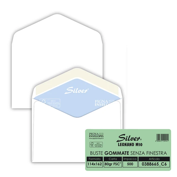 Pigna Envelopes - 0388665C6 - Busta Busta Silver FSC - senza finestra - gommata - 11,4 x 16,2 cm - 80 gr - bianco - Pigna Envelopes - conf. 500 pezzi - 101262 - Conf. da 1 Pz.