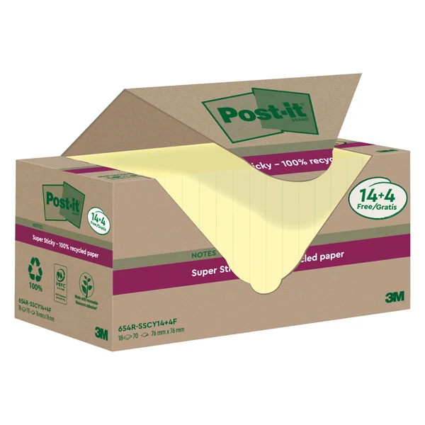 POST-IT - 7100284878 - Blocco foglietti Post-it SuperSticky Green - 654R-SSCY14+4 - 76 x 76 mm - carta riciclata - giallo Canary - 70 fogli - Post-it - conf. 18 blocchi - 101859 - Conf. da 1 Pz.
