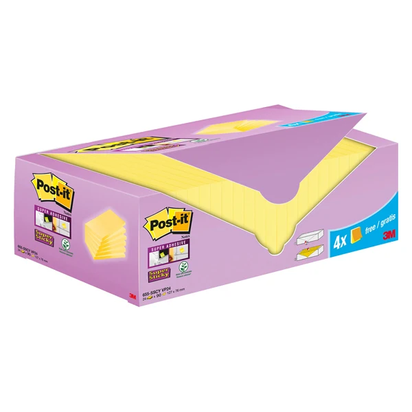 POST-IT - 7100236612 - Blocco foglietti Post-it Super Sticky - 655-SSCY-VP24 - 76 x 127 mm - giallo Canary - 90 fogli - Post-it - conf. 24 blocchi - 101854 - Conf. da 1 Pz.