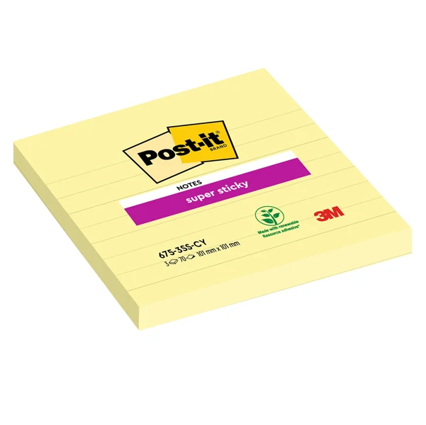 POST-IT - 7100234641 - Blocco foglietti Super Sticky - 675-SS3CY-EU - a righe - 101 x 101 mm - giallo Canary - 70 fogli - Post-it - 77436 - Conf. da 3 Pz.