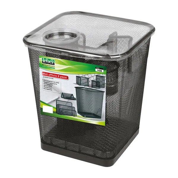 LEBEZ - 1426-N - Set scrivania - 6 accessori - rete metallica - nero - Lebez - 58003 - Conf. da 1 Pz.