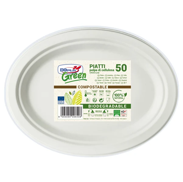 DOPLA - 07764 - Piatto piano monouso - ovale - 26 x 19,5 cm - cellulosa - bianco - Dopla Green - conf. 50 pezzi - 61236 - Conf. da 1 Pz.