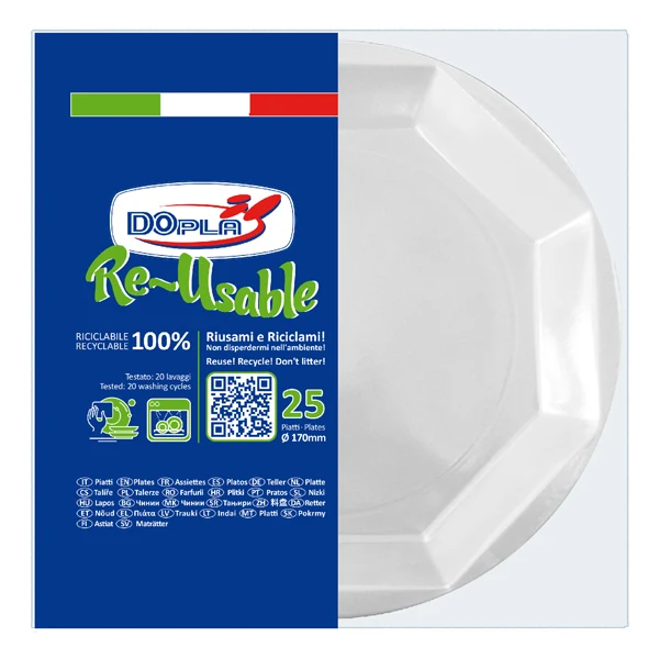 DOPLA - 12512 - Piatto frutta riutilizzabile - ottagonale - diametro 17 cm - PS reuse - bianco - Dopla - conf. 25 pezzi - 95103 - Conf. da 1 Pz.