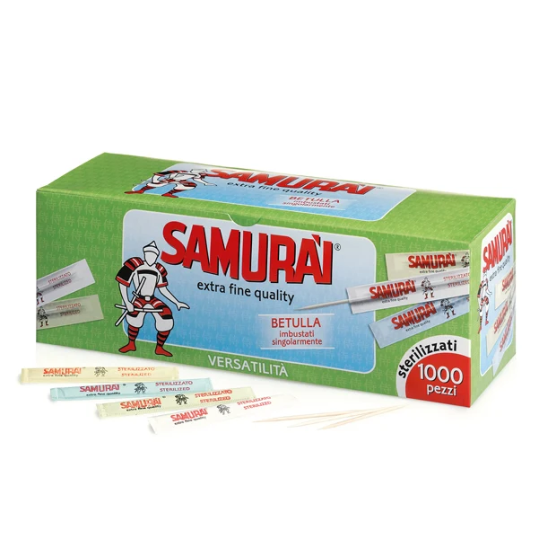 Samurai Party - 341CB - Stuzzicadente - doppia punta - in betulla - imbustato singolarmente - Samurai Party - conf. 1000 pezzi - 94956 - Conf. da 1 Pz.