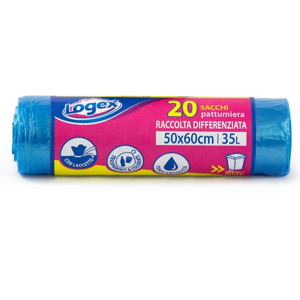 LOGEX PROFESSIONAL - C5LX3505 - Sacchi per immondizia - 50x60 cm - 35 L - 9 micron - azzurro trasparente - Logex Professional - rotolo da 20 sacchetti - 82221 - Conf. da 1 Pz.