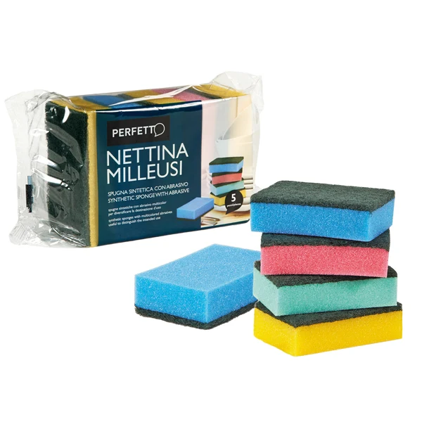 PERFETTO - 0246C - Spugna nettina Milleusi - 11x6,5x3 cm - doppio strato - colori assortiti - Perfetto - conf. 5 pezzi - 86235 - Conf. da 1 Pz.