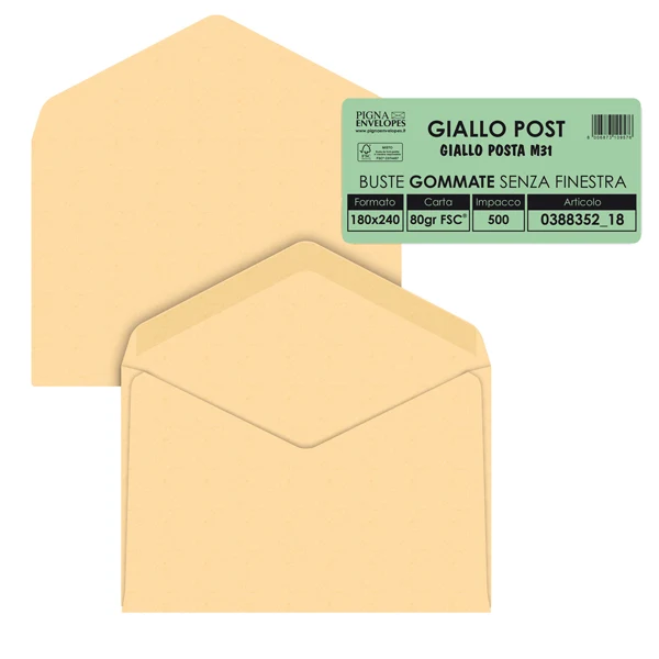 Pigna Envelopes - 038835218 - Busta Giallo Postale - gommata - 18 x 24 cm - 80 gr - carta riciclata FSC - giallo - Pigna Envelopes - conf. 500 pezzi - 36978 - Conf. da 1 Pz.