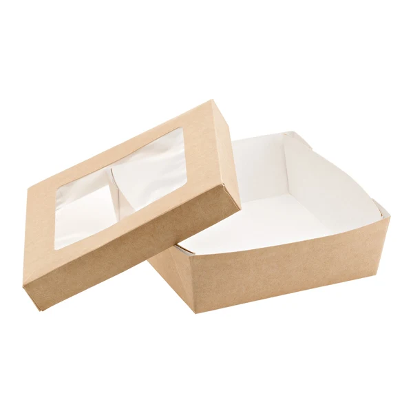 Leone - H0717 - Scatola da asporto - con finestra trasparente - 14 x 14 x 5 cm - carta kraft-PE - avana - Leone - conf. 25 pezzi - 101414 - Conf. da 1 Pz.