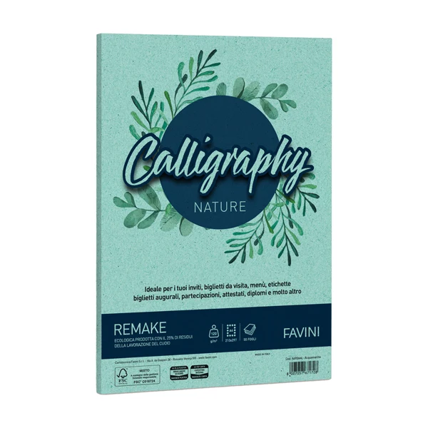 FAVINI - A69G664 - Carta Calligraphy Nature Remake - A4 - 120 gr - acquamarina - Favini - conf. 50 fogli - 94641 - Conf. da 1 Pz.