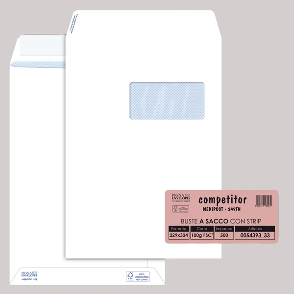 Pigna Envelopes - 005439333 - Busta a sacco Competitor FSC - strip adesivo - con finestra - 23 x 33 cm - 100 gr - bianco - Pigna Envelopes - conf. 500 pezzi - 37369 - Conf. da 1 Pz.
