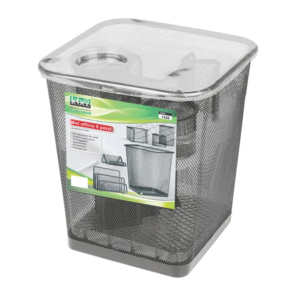 LEBEZ - 1426-S - Set scrivania - 6 accessori - rete metallica - argento - Lebez - 58002 - Conf. da 1 Pz.