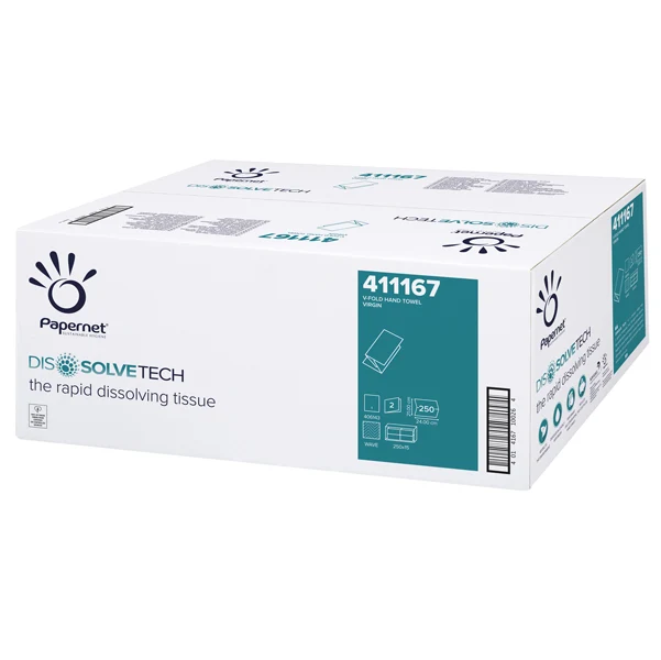 PAPERNET - 411167 - Asciugamani piegati a V Dissolve Tech - 2 veli - 20 gr - 24 x 21 cm - goffratura a onda - bianco - Papernet - conf. 250 pezzi - 74015 - Conf. da 15 Pz.
