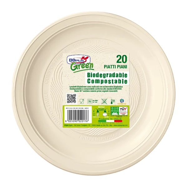 DOPLA - 40033 - Piatto piano monouso - rotondo - diametro 22 cm - Mater-Bi - avorio - Dopla Green - conf. 20 pezzi - 96698 - Conf. da 1 Pz.