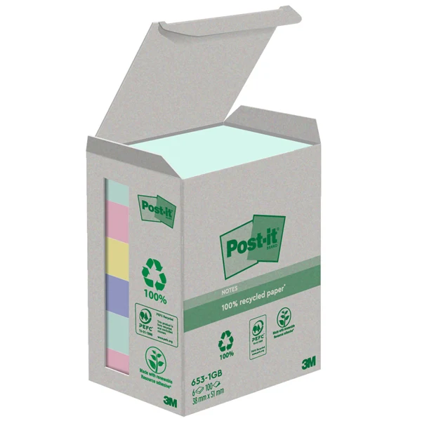 POST-IT - 7100259445 - Blocco Post-it in carta riciclata - 653-1GB - 38 x 51 mm - natural - 100 fogli - Post-it - conf. 6 pezzi - 94384 - Conf. da 1 Pz.