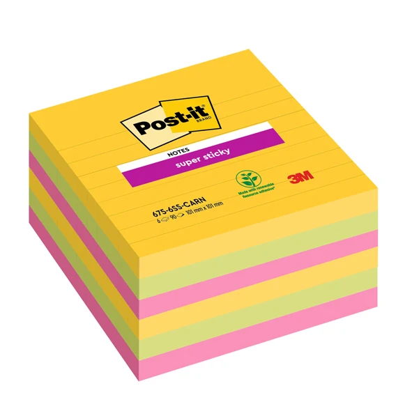 POST-IT - 7100234516 - Blocco Post-it Super Sticky - 675-6SS-CARN - a righe - 101 x 101 mm - colori Carnival - 90 fogli - Post-it - conf. 6 pezzi - 94359 - Conf. da 1 Pz.