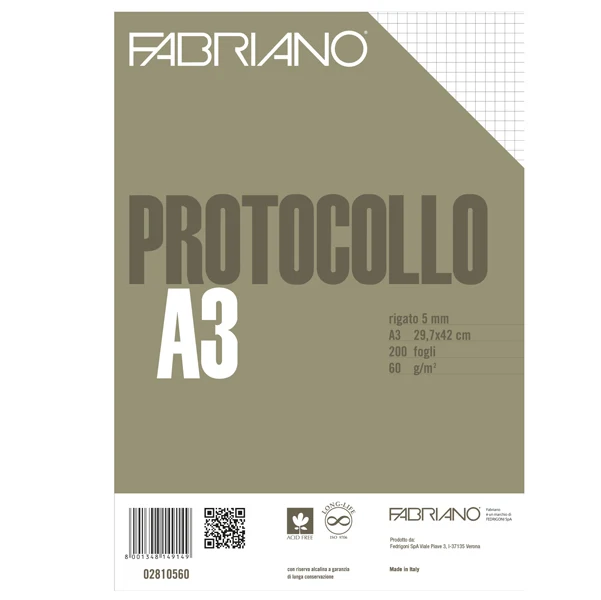 FABRIANO - 19100747 - Foglio protocollo - A4 - 5 mm - 60 gr - Fabriano - conf. 200 fogli - 58728 - Conf. da 1 Pz.