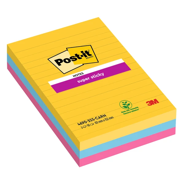 POST-IT - 7100234250 - Blocco Post-it Super Sticky - 4690-3SS-CARN - a righe - 101 x 152 mm - colori Carnival - 90 fogli - Post-it - conf. 3 pezzi - 94361 - Conf. da 1 Pz.