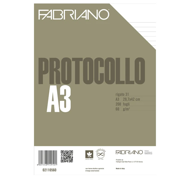FABRIANO - 19100743 - Foglio protocollo - A4 - 1 rigo - 60 gr - Fabriano - conf. 200 pezzi - 58724 - Conf. da 1 Pz.