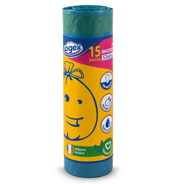 LOGEX PROFESSIONAL - 632LX01 - Sacchi per immondizia con maniglie - 53 x 65 cm - 40 L - 25 micron - blu - Logex Professional - rotolo da 15 sacchetti - 45048 - Conf. da 1 Pz.
