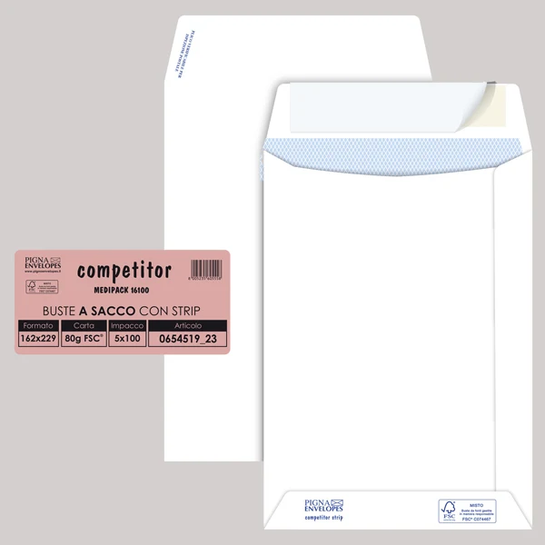 Pigna Envelopes - 065451923 - Busta a sacco Competitor FSC - strip adesivo - 16 x 23 cm - 80 gr - bianco - Pigna Envelopes - conf. 100 pezzi - 36982 - Conf. da 1 Pz.