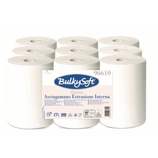 BulkySoft - 96610.E21 - Asciugamani in rotolo Premium - Mini - 215 mm x 60 mt - diametro 13 cm - 2 veli - 19 gr - 200 strappi - goffratura micro - bianco - BulkySoft - 88879 - Conf. da 9 Pz.