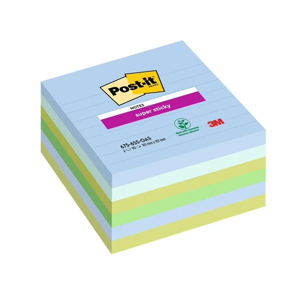 POST-IT - 7100259320 - Blocco Post-it Super Sticky - 675-6SS-OAS - a righe - 100 x 100 mm - colori Oasis - 90 fogli - Post-it - conf. 6 pezzi - 94691 - Conf. da 1 Pz.