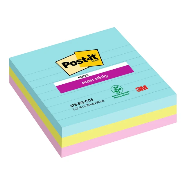 POST-IT - 7100234643 - Blocco Post-it Super Sticky - 675-3SS-COS - a righe - 101 x 101 mm - colori Cosmic - 70 fogli - Post-it - conf. 3 pezzi - 94358 - Conf. da 1 Pz.